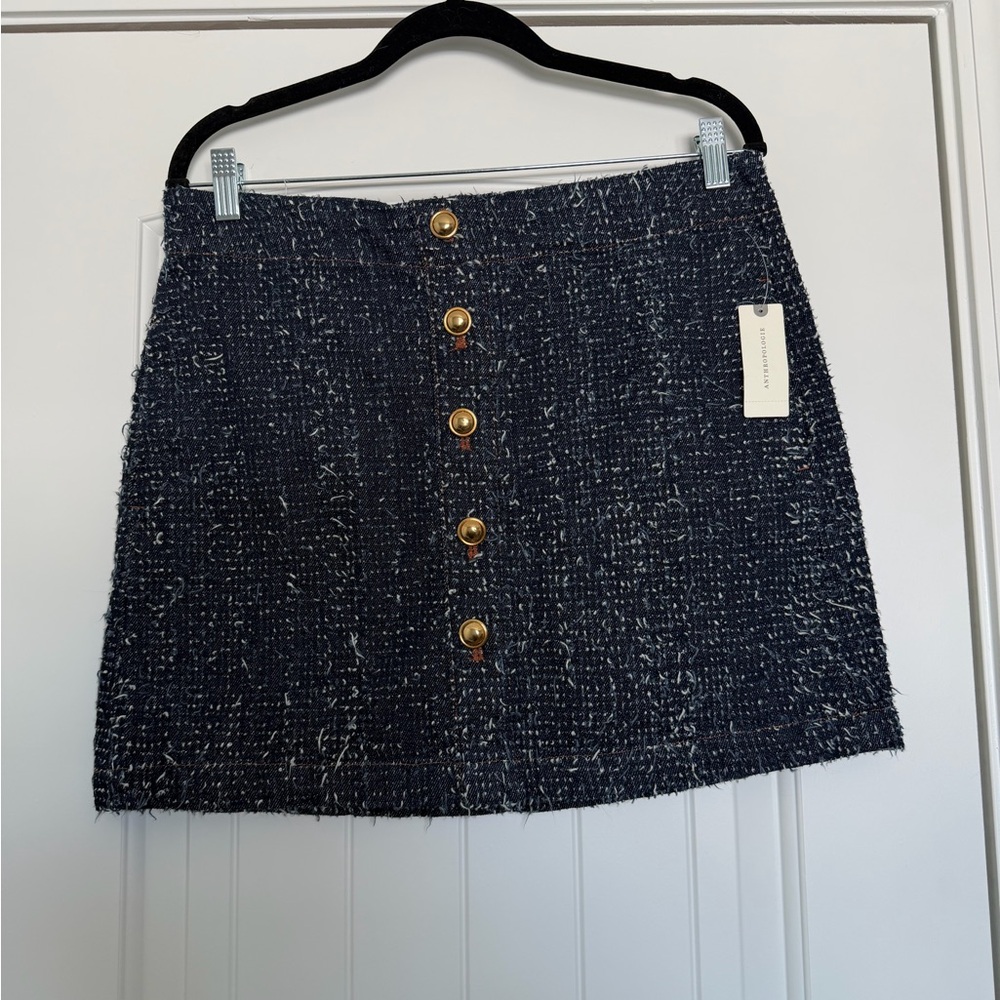 Anthropologie Navy Tweed Mini Skirt with Gold Accents